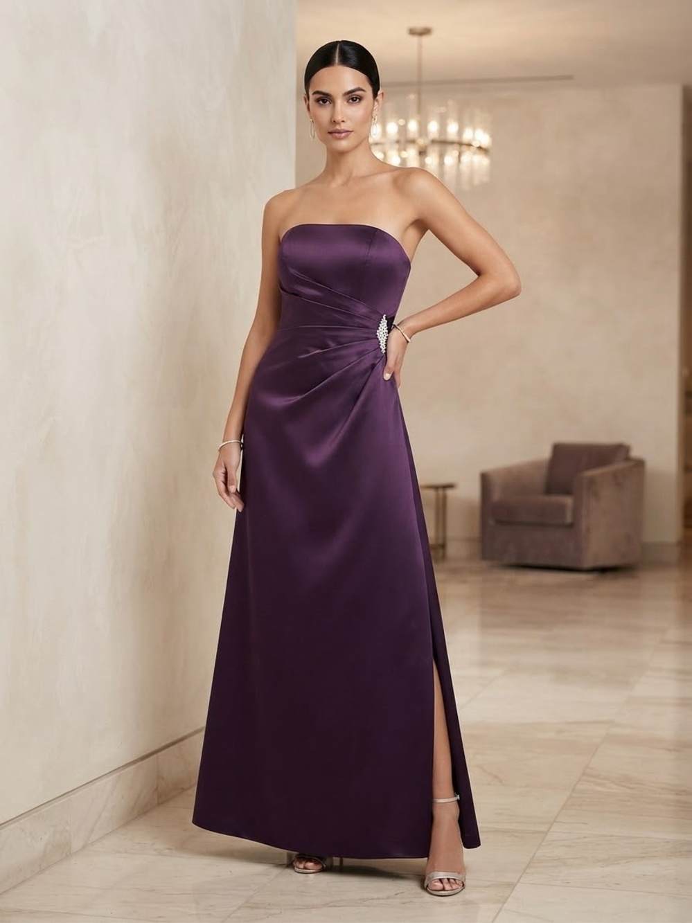 David's Bridal Strapless Plum Satin Evening Dress with Side Slit